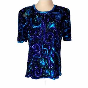 Vintage Silk Sparkle Beaded Top Size Small Petite Black Purple Glam